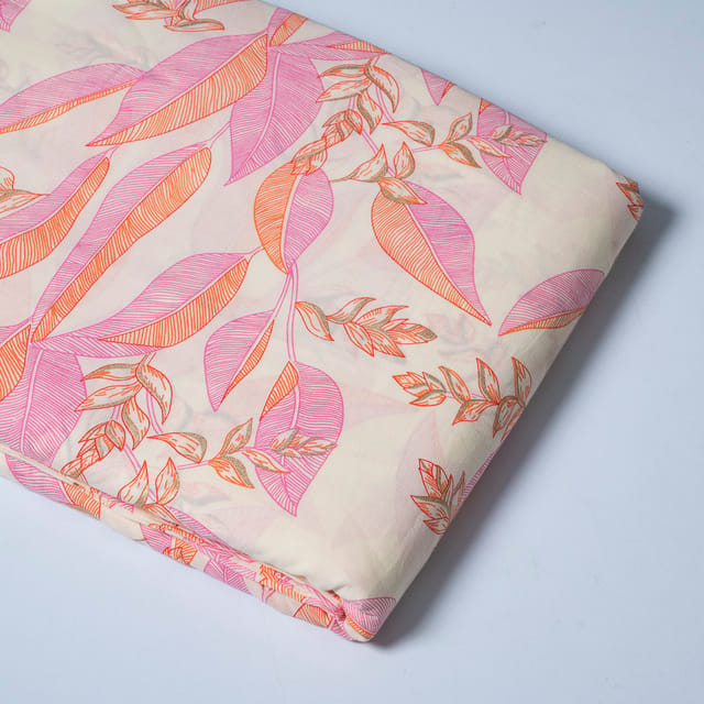 Cream and Pink Color Cotton Print  Fabric with Gold Highlight