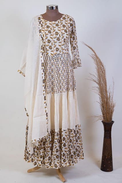 Off White Printed cotton Shirt with Mal Cotton Dupatta