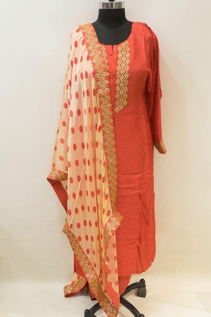 Coral Red Monga Silk Embroidered Suit Set