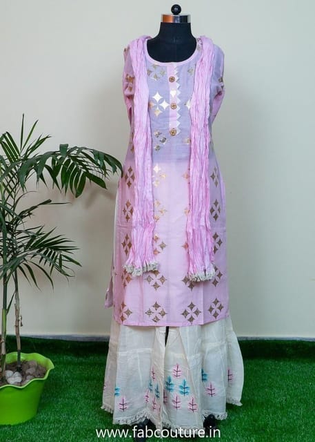 Pink Printed Cotton Stitched Suit Set With Dupatta