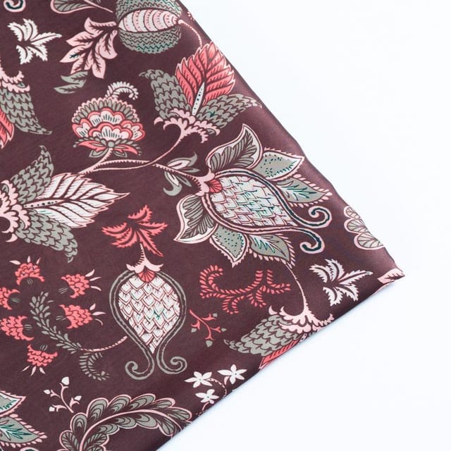 Brown Korian Satin Silk Digital Printed Fabric