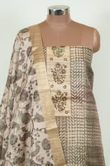 Fawn Color Print with Embroidered Dupion Silk Shirt with Bottom and Printed Silk Dupatta