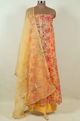 Yellow Color Organza Print with Embroidered Shirt with Bottom and Organza Embroidered Dupatta