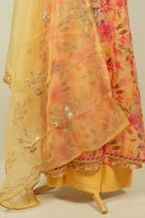 Yellow Color Organza Print with Embroidered Shirt with Bottom and Organza Embroidered Dupatta