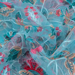 Sea Green Color Organza Print With Embroidered Fabric