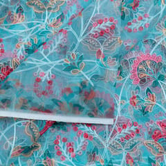 Sea Green Color Organza Print With Embroidered Fabric