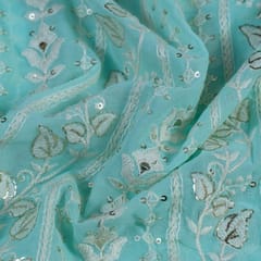 Firozi Color Georgette Thread Embroidered Fabric