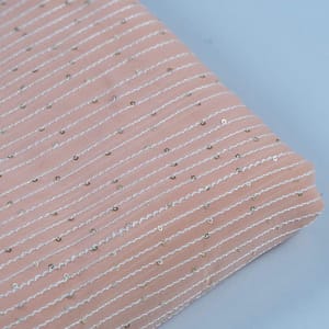 Peach Color Georgette Thread With Sequins Embroidered Fabric