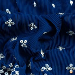 Navy Blue Color Pleated Georgette Embroidered Fabric
