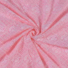 Pink Color Georgette Chikan Embroidered Fabric