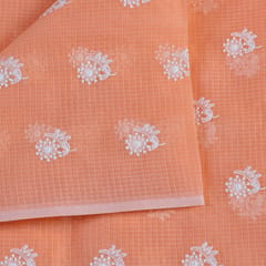Peach Color Pure Kota Thread Embroidered Fabric (1.10Meter Piece)