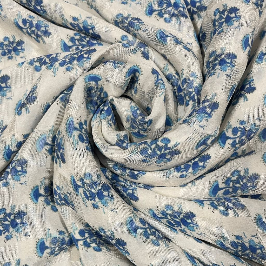 White Color Pure Silk Checknet Printed Fabric