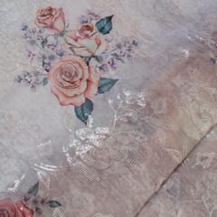 Beige Color Poly Organza Embroidery Digital Print fabric
