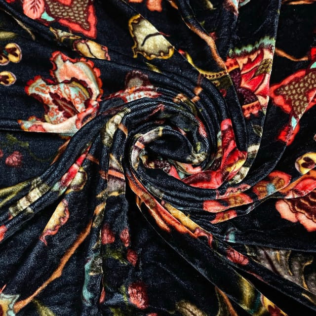 Black Color Pure Silk Velvet Printed Fabric