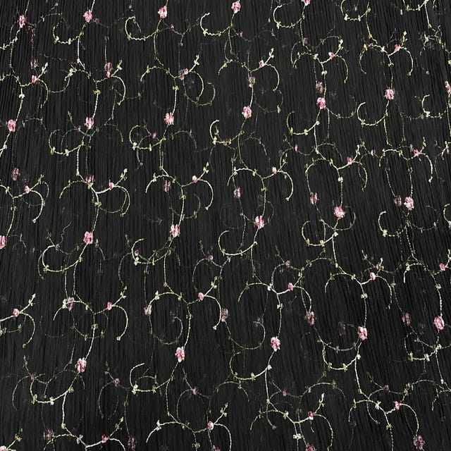 Black Color Pleated Embroidered Fabric