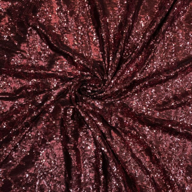 Maroon Color Lycra Sequins Embroidered Fabric