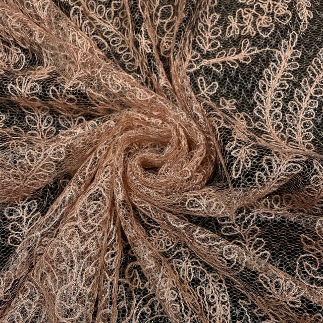 Peach Color Net Embroidered Fabric