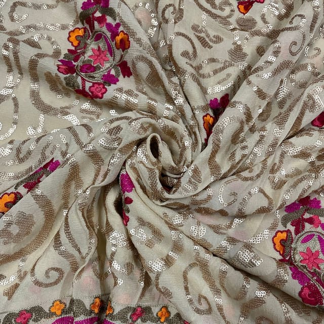 Peach Color Chiffon Embroidered Fabric