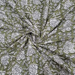 Olive Color Cambric Cotton Bagru Printed Fabric