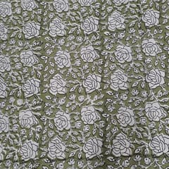 Olive Color Cambric Cotton Bagru Printed Fabric