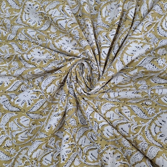 Mustard Color Cambric Cotton Bagru Printed Fabric