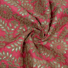 Pink Color Poly Dupion Embroidered Fabric (1.30 Meter Piece)