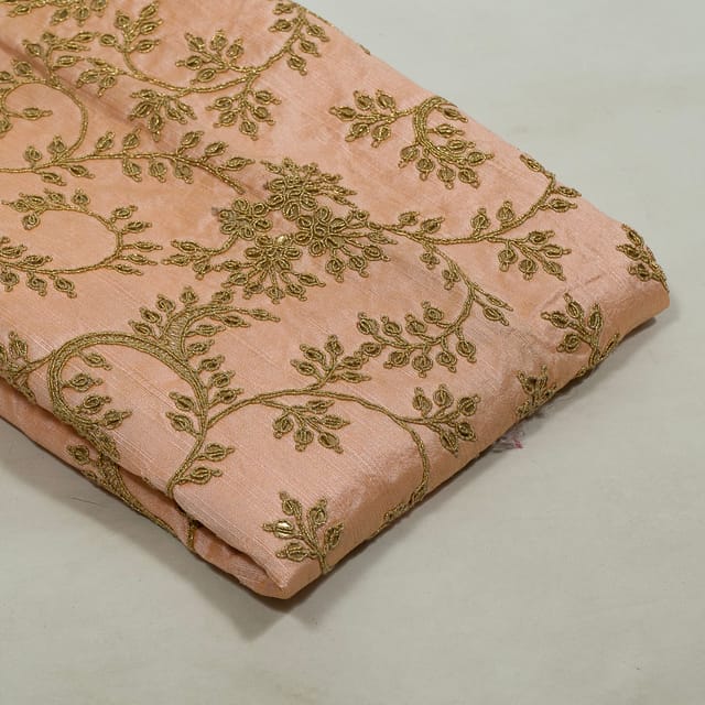 Peach Color Poly Dupion Embroidered Fabric (1 Meter Piece)