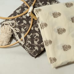 Cream Color Cotton Embroidered Fabric with Lace and Brown Color Cotton Printed Fabric DIY Set