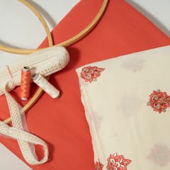 Cream Color Cotton Embroidered Fabric with Lace and Orange Color Cotton Flex Fabric DIY Set