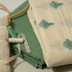 Cream Color Cotton Embroidered Fabric with Lace and Green Color Cotton Flex Fabric DIY Set