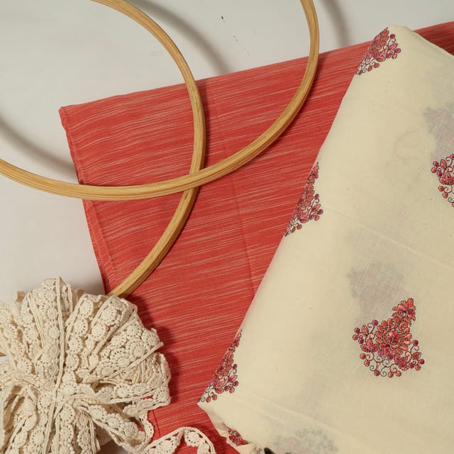 Cream Color Cotton Embroidered Fabric with Lace and Gajree Color Khadi Cotton Fabric DIY Set