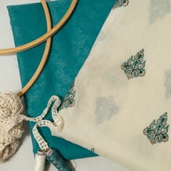 Cream Color Cotton Embroidered Fabric with Lace and Green Color Cotton Jacquard Fabric DIY Set