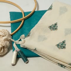 Cream Color Cotton Embroidered Fabric with Lace and Green Color Cotton Jacquard Fabric DIY Set