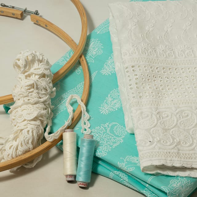 White Color Cotton Chikan Fabric with Lace and Sea Green Color Cotton Printed Fabric DIY Set