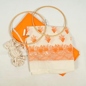 Cream Color Cotton Embroidered Fabric with Lace and Orange Color Cotton Cambric Fabric DIY Set