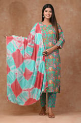 Sea Green Color Cotton Printed Shirt with Cotton Printed Bottom and Chiffon Printed Dupatta