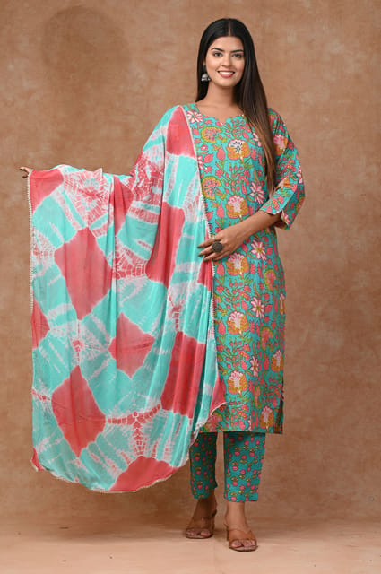 Sea Green Color Cotton Printed Shirt with Cotton Printed Bottom and Chiffon Printed Dupatta