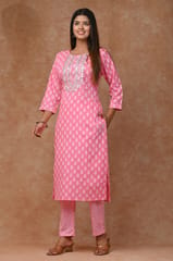 Pink Color Cotton Printed Shirt with Cotton Printed Bottom