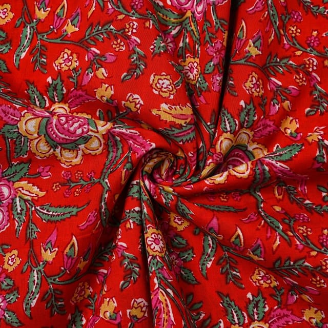 Red Color Cambric Cotton Printed Fabric