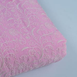 Pink Color Cotton Thread Lakhnavi Embroidered Fabric (1.20Meter Piece)