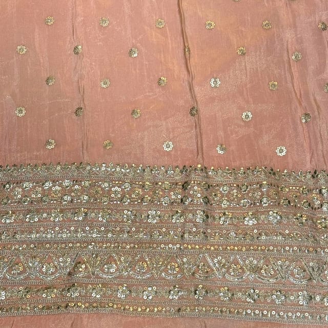 Peach Color Uppada Silk Tissue Embroidered Fabric