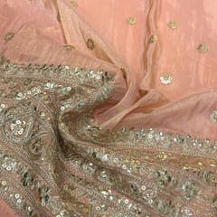 Peach Color Uppada Silk Tissue Embroidered Fabric