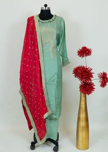 Sea Green Color Dola Silk Shirt With Shantoon Lower And Red Color Chinon Dupatta