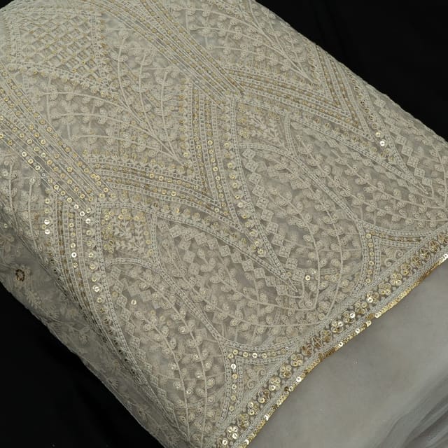 White Color Dyeable Net Sequins and Thread Embroidered Fabric (1.25Meter Piece)