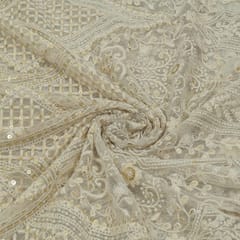 White Color Dyeable Net Sequins and Thread Embroidered Fabric (1.25Meter Piece)