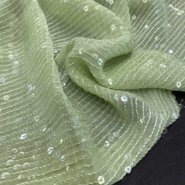 Mint Green Georgette Sequins Embroidery Fabric