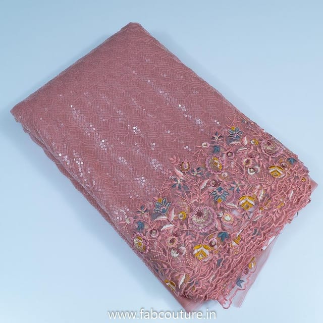 Peach Color Net Sequins Embroidered Fabric