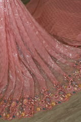 Peach Color Net Sequins Embroidered Fabric