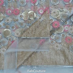 White Color Net Embroidered Fabric