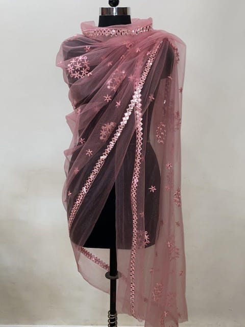 Peach Colour Net Embroidery Dupatta